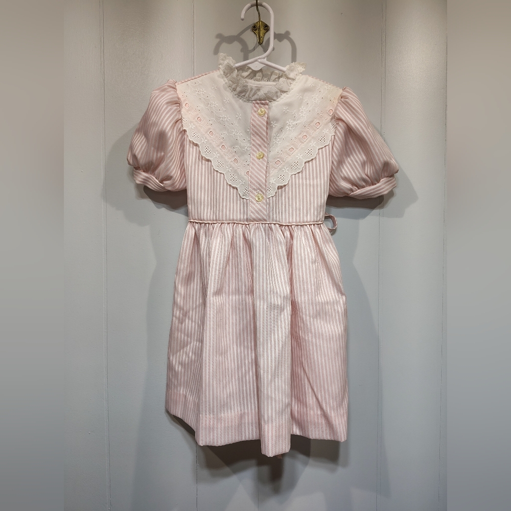 Vintage Marshall Sinclair Girls Dress Size 4 Pink Striped Lace Bib Puff Sleeve‎